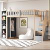 Multifunktionales Hochbett 90x200cm mit Regalen, Stauschrank und großem Kleiderschrank, Sicherheitsleiter mit Ablagefächern, Grau + Rohholzfarben Bild 2