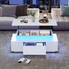 Couchtisch Weiß mit Hubfunktion, hochglänzender Wohnzimmertisch mit Stauraum, Schublade und LED Beleuchtung Bild 5