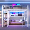 Hochbett, 140 x 200 cm, Eisenrahmen, Ablagefach, Netz zum Aufhängen von Gegenständen, mit Kleiderstange, offener Raum unter dem Bett, mit LED-Lichtleiste, ohne Matratze, Weiß Bild 4