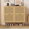 Schuhschrank mit 4 Klappschubladen, Landhaus Schuhkommode aus Spanplatte mit Rattan-Klapptüren & Metallgriffen, platzsparendes Schuhregal 100 x 25 x 90 cm Eichenoptik für Flur & Schlafzimmer Bild 4