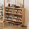 Schuhschrank mit 4 Klappschubladen, Landhaus Schuhkommode aus Spanplatte mit Rattan-Klapptüren & Metallgriffen, platzsparendes Schuhregal 100 x 25 x 90 cm Eichenoptik für Flur & Schlafzimmer Bild 2