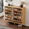 Schuhschrank mit 4 Klappschubladen, Landhaus Schuhkommode aus Spanplatte mit Rattan-Klapptüren & Metallgriffen, platzsparendes Schuhregal 100 x 25 x 90 cm Eichenoptik für Flur & Schlafzimmer Bild 3