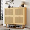 Schuhschrank mit 4 Klappschubladen, Landhaus Schuhkommode aus Spanplatte mit Rattan-Klapptüren & Metallgriffen, platzsparendes Schuhregal 100 x 25 x 90 cm Eichenoptik für Flur & Schlafzimmer Bild 5