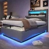 Polsterbett mit LED-Beleuchtung, USB/Type-C Anschlüssen, Stauraum, gepolstertem Kopfteil, 90x200cm, Einzelbett, Stauraumbett, Leinen Bild 2