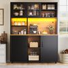 Hochschrank mit LED-Beleuchtung, App-Steuerung, 185cm hoher Küchenschrank mit Schiebetüren & verstellbaren Regalen, Schwarz mit Holzmaserung, für Küche & Esszimmer Bild 2