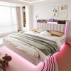 Polsterbett 160*200 mit LED-Beleuchtung und USB-Steckdose, Kopfteil mit Stauraum, Schwebebett Jugendbett Erwachsenenbett, Leinenstoff, Beige Bild 2