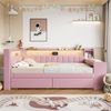 Merax Einzelbett 90 x 200cm Jugendbett mit Led und Usb, Tagesbett mit Regal, mit Schreibtisch und 2 Schubladen, Kinderbett Rosa Bild 3