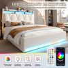 140x200 cm Gepolsterter Bettrahmen mit LED-Beleuchtung, USB-Anschlüssen und Stauraum in Beige Bild 4