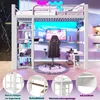 Hochbett mit Schreibtisch, LED-Streifen, Lattenrost, Leiter, Regalen, Wandgitter, Rausfallschutz und Kleiderstange, 90x200 cm, Kinderbett, Metallbett Bild 5