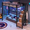 Hochbett mit RGB LED-Streifen, Rausfallschutz, 90x200cm, Treppe mit Regal und Kleiderschrank, Kinderbett, Metallbett Bild 2