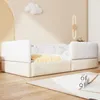 Kinderbett mit Stauraum, Rausfallschutz und Lattenrost, 4 Aufbewarungstaschen, Polsterbett, Einzelbett, 90x200 cm, Kunstleder und Samt Bild 3