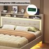 Polsterbett 140*200, mit USB-Steckdose und LED-Licht, Bett kann am Kopfende des Bettes platziert werden, verstecktes Fußdesign, Doppelflachbett, Leinenstoff beige Bild 5