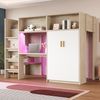 Merax Kinderbett 90 × 200 cm Jugendbett, Multifunktionales Hochbett, Mit Schreibtisch, Kleiderschrank, Regal, Staufächern und LED-Beleuchtung, Mit Lattenrost, Holzfarbe Bild 3