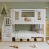 Etagenbett, Kinderbett, Aufbewahrungstreppe, Exquisite Fenster, Wellenförmige Dachkante, Mit Zwei Filzstücke zur Dekoration, Aufhängbare Dekorationen, Kiefer + MDF + Sperrholz, Weiß+Natur, 90x200cm Bild 2