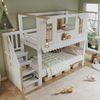Etagenbett, Kinderbett, Aufbewahrungstreppe, Exquisite Fenster, Wellenförmige Dachkante, Mit Zwei Filzstücke zur Dekoration, Aufhängbare Dekorationen, Kiefer + MDF + Sperrholz, Weiß+Natur, 90x200cm Bild 3