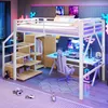 Hochbett mit LED-Streifen, Stauraum, Lattenrost, Stauraumtreppe, Rausfallschutz, Kleiderschrank und Schränken, 140x200 cm, Kinderbett, Metallbet Bild 1
