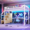 Hochbett mit LED-Streifen, Stauraum, Lattenrost, Stauraumtreppe, Rausfallschutz, Kleiderschrank und Schränken, 140x200 cm, Kinderbett, Metallbet Bild 3