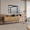 Moderner TV-Ständer mit Marmor- und Holzmaserungsdesign, PVC-Kante, Eisenbeinen, dunkle Holzfarbe, Heimdekoration, platzsparend, langlebig und langlebig Bild 3