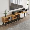 Moderner TV-Ständer mit Marmor- und Holzmaserungsdesign, PVC-Kante, Eisenbeinen, dunkle Holzfarbe, Heimdekoration, platzsparend, langlebig und langlebig Bild 2