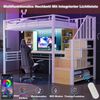 Hochbett 90 × 200 cm, mit Ablage, Schreibtisch, Europäischer Steckdose und LED-Beleuchtung, Integrierter Stauraumtreppe (links/rechts montierbar), Hohem Schutzgitter, Einzelbett, Eisenrahmen, Weiß. Bild 5