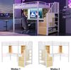 Hochbett 90 × 200 cm, mit Ablage, Schreibtisch, Europäischer Steckdose und LED-Beleuchtung, Integrierter Stauraumtreppe (links/rechts montierbar), Hohem Schutzgitter, Einzelbett, Eisenrahmen, Weiß. Bild 4