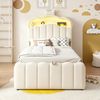 Merax Kinderbett 90 x 200 cm, Polsterbett, mit hydraulischem Stauraum, Samtbezug, LED-Kopfteil mit Farbwechselbeleuchtung, USB- und USB-C-Ladeanschlüssen, aufklappbarem Kopfteil, Beige Bild 3