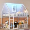 Merax Haus-Etagenbett Hochbett, Kinderbett 140x200cm Hausbett mit Zaun und LED-Licht, Weiß Bild 2