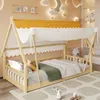 Hausbett mit Lattenrost und Zelt, 90x200 cm, Kinderbett mit Zaun, Holzbett, Einzelbett, Kiefer Bild 4