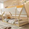 Hausbett mit Lattenrost und Zelt, 90x200 cm, Kinderbett mit Zaun, Holzbett, Einzelbett, Kiefer Bild 2