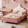 PXloue Polsterbett Kinderbett Jugendbett (Kopfteil hochstellbar), Doppelbett,kronenförmige-Kopfteil,mit LED und Lattenrost,90x200cm Bild 5