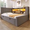 Polsterbett Ausziehbett 90/180x200 cm mit LED, USB-C, Stauraum und Lattenrost, Leinen Grau, ohne Matratze Bild 3