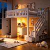 Holzbett 140 × 200 cm, Treppe Mit Stauraum, Schreibtisch Mit Euro-Steckdose, Mehrfarbige LED-Lichtleiste, Einzelkleiderschrank, Bank Mit Stauraum, Hohes Geländer, Hochbett, Jugendbett, Weiß Bild 4