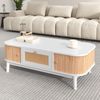 Eleganter Couchtisch 110×55×38,5 cm mit Massivholz-Akzenten, Stauraum, Rattan-Details, Weiß Holzoptik Wohnzimmertisch Bild 2