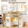Bett 90x200 cm Weiß+Natur mit LED-Beleuchtung, Schreibtisch und Stauraum – Hausförmiges Hochbett aus Kiefernholz Bild 5