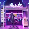Hochbett, 90 x 200 cm, Eisenrahmen, mit LED-Lichtleiste, Schreibtisch, Stauraum, mehreren Regalen, Lochwand, USB-Anschluss, ohne Matratze, Weiß Bild 4