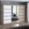 A&J MöbelLand 'Viluno 2' Schwebetürenschrank mit 4 Schubladen und Spiegel, Spanplatte, 215 x 59,5 x 200 cm, Weiß / Natur / Natur Bild 2