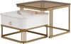 Couchtisch-Set 60x60x42.5 + 50x50x34 cm, MDF Hochglanz-Marmoroptik, Goldakzente, mit Schublade, Weiß und Gold und Teebraun Bild 5
