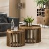 Couchtisch 2er-Set Mangoholz, modern mit Stauraum, rund, Braun, Lamellen Design, Ø 50/65 cm Bild 2