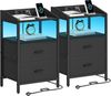 Nachttisch 2er Set, mit LED-Leuchten und Ladestation, Beistelltisch mit 2 Stoff-Schubladen und Regalen, mit USB-Anschlüssen & Steckdosen, für Schlafzimmer, Wohnzimmer, Schwarz Bild 2