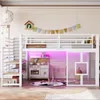 Hochbett mit LED-Streifen, Lattenrost, Rausfallschutz und Fenstern, Treppe mit Regal, 90x200 cm, Einzelbett, Kinderbett, Metall Bild 3