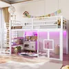 Hochbett mit LED-Streifen, Lattenrost, Rausfallschutz und Fenstern, Treppe mit Regal, 90x200 cm, Einzelbett, Kinderbett, Metall Bild 4