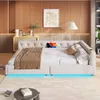 Schlafsofa mit LED-Beleuchtung, Lattenrost und Mehrfachsteckdose, 140x200 cm, Doppelbett, Polsterbett, Leinen Bild 4