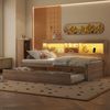 Merax Schlafsofa, Daybett, Tagesbett, 90*200cm , Ferngesteuerte Ambientebeleuchtung, Bettseitiges Staufach, Ausziehbares Bett, Steckdose + USB, Ohne Matratze, Natur Bild 2