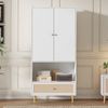 HAUSS SPOLE Kleiderschrank mit 2 türen und schubladen Weiß,garderobenschrank mit kleiderstangen (Schlafzimmerschrank mit Metallbeinen und Metallgriffen, großzügige Schublade mit handgeflochtener PE-Rattan-Front) stabile Kleiderstange und ein offenes Re... Bild 2