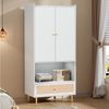 HAUSS SPOLE Kleiderschrank mit 2 türen und schubladen Weiß,garderobenschrank mit kleiderstangen (Schlafzimmerschrank mit Metallbeinen und Metallgriffen, großzügige Schublade mit handgeflochtener PE-Rattan-Front) stabile Kleiderstange und ein offenes Re... Bild 3