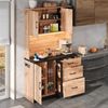 Merax Küchenbuffet mit Steckdose, LED-Beleuchtung und verstellbaren Einlegeböden, Hochschrank Küchenschrank Holzoptik Geschirrschrank mit Arbeitsplatte, Natur Bild 3