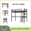 Hochbett, 90*200cm , Ohne Matratze, Bett mit Schreibtisch, Regale, Geländer, Leiter, Eisenrahmen, Schwarz Bild 2