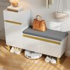 Schuhschrank mit Sitzbank 120 x 35 x 85 cm, MDF in Weiß mit Hochglanz-Fronten und Schublade Bild 3