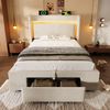 Polsterbett 90×200 cm aus Leinen-Stoff mit LED-Beleuchtung, Stauraum und Matratze, beige Bild 3