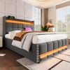 Polsterbett 140x200 mit LED-Beleuchtung, USB-Anschluss & Stauraum, graues Leinenbett mit Schublade Bild 3